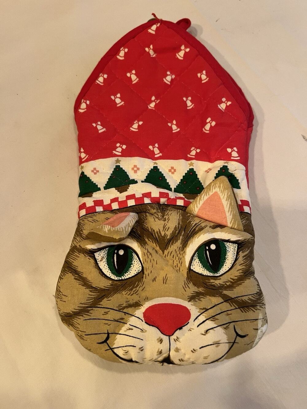Vintage Christmas Cat Oven Mitt JINGLE BELLS Metal Bell Novelty Potholder